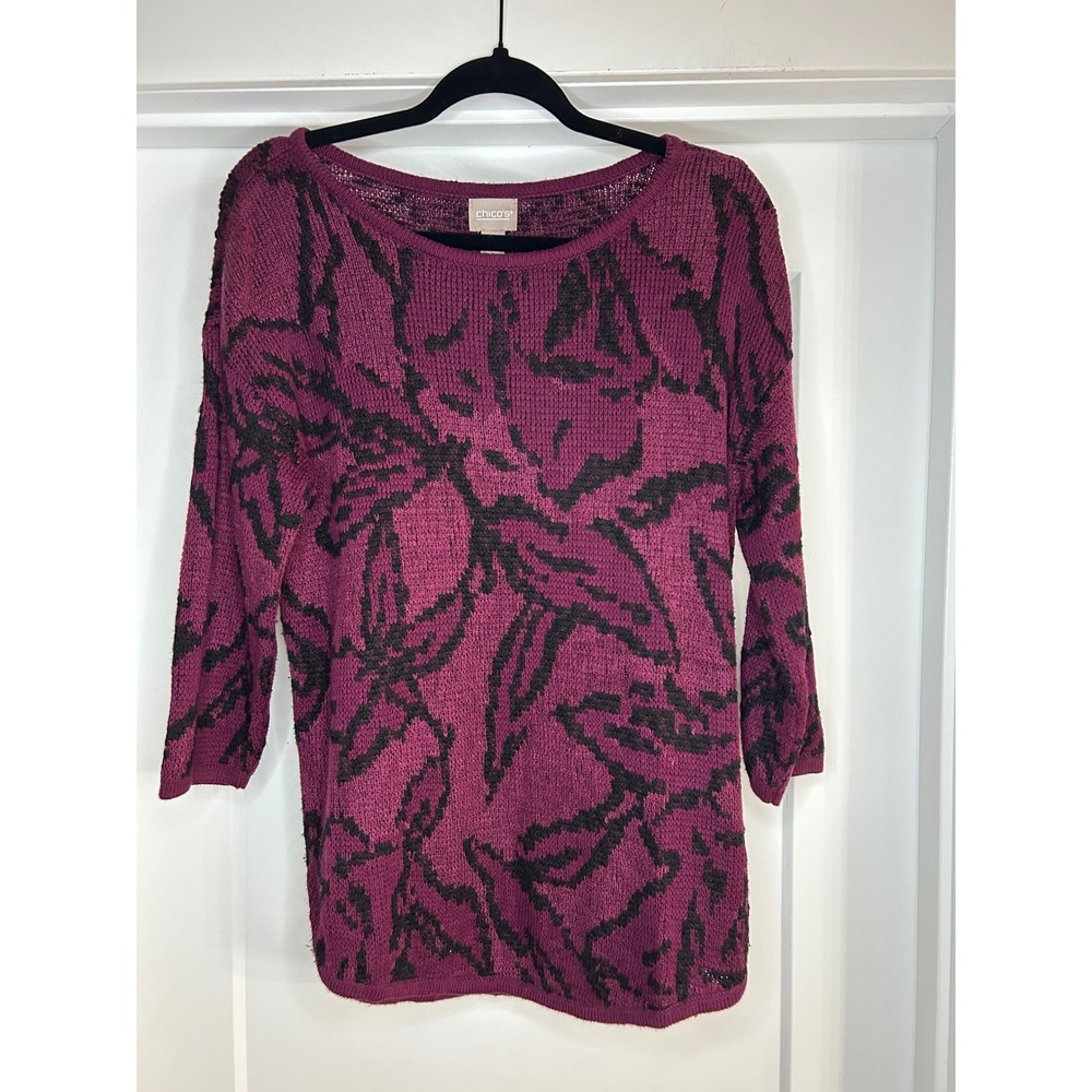 Chicos Purple Black Abstract Floral Knit Sweater 3/4 Sleeve Size 1 M 8